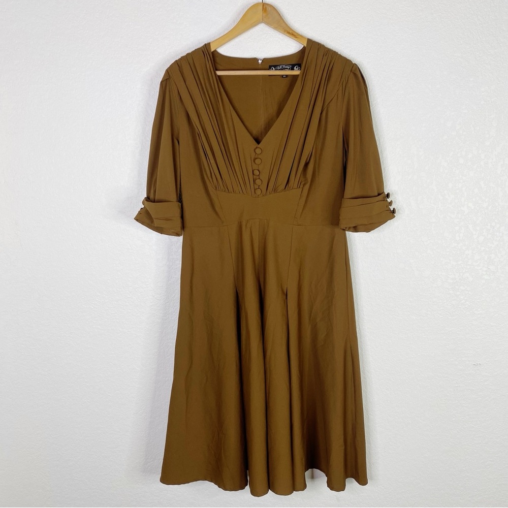 Hell Bunny Vixen Solid Brown Short Sleeve Fit and Flare Dress